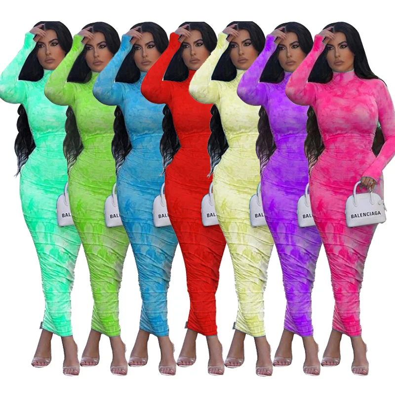 

K9598 2021 New Printing Long Sleeve Pleated T-shirt Skirt Lady's Summer Dress