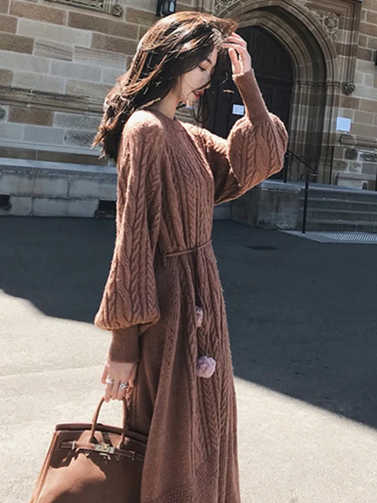 

Fashion Winter knitted Sweater Dress Women Clothes Loose Thicken Ladies Knitted O-neck Casual Dress Autumn Female Party Dresses