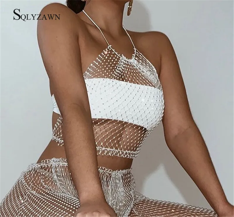 Sexy Fishnet Mesh Two Piece Set See Through Diamond Party 2 Club Outfits Halter Crop Tops And Wide Leg Pants Women Sets |