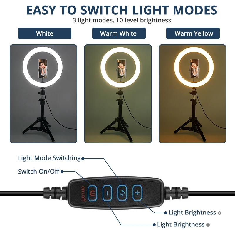 Приглушаемая кольсветильник LED лампа capsaver 10/12 дюймов USB с держателем для телефона