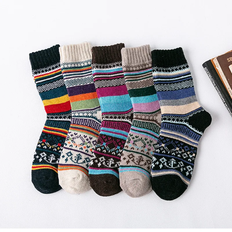 5 Pairs Winter Thick Horizontal Anchor Ethnic Style Ladies Rabbit Wool Women Socks