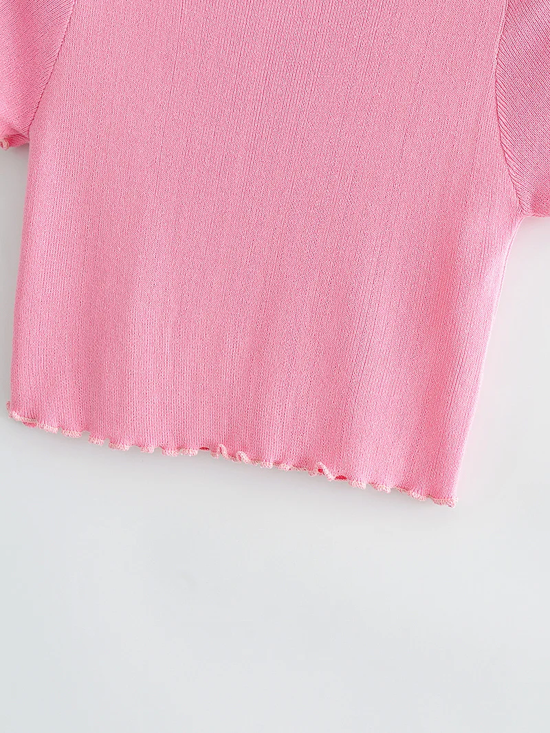 

Women Pink Butterfly Sleeve Knitted Short T-shirt Top