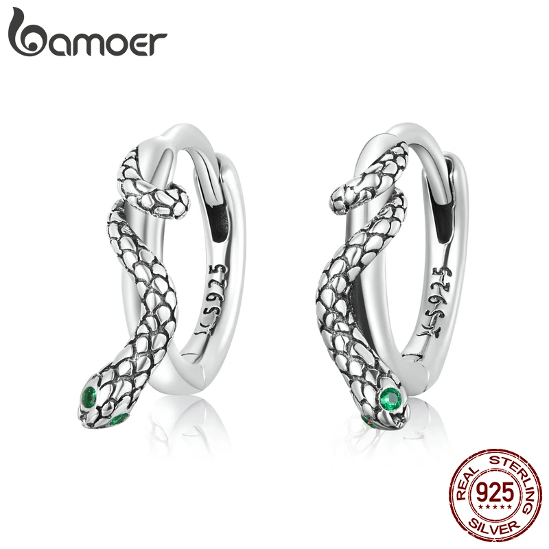 Bamoer 925 Sterling Silver Snake Ear Buckles Inlaid with Green Zirconium Women Hoop Earrings Fine Jewelry Women Statement Gift