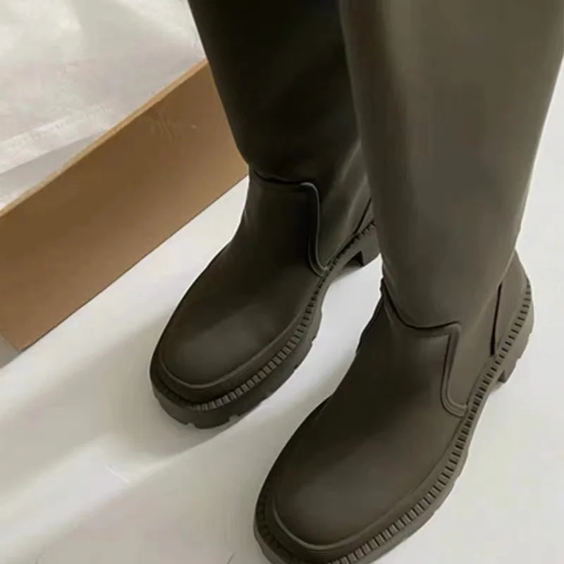 

2020 New Winter TRF Women's Shoes Khaki Green Thick Soled Thick Heel Boot Retro Knights' Boots Fashion Versatile Western Boots