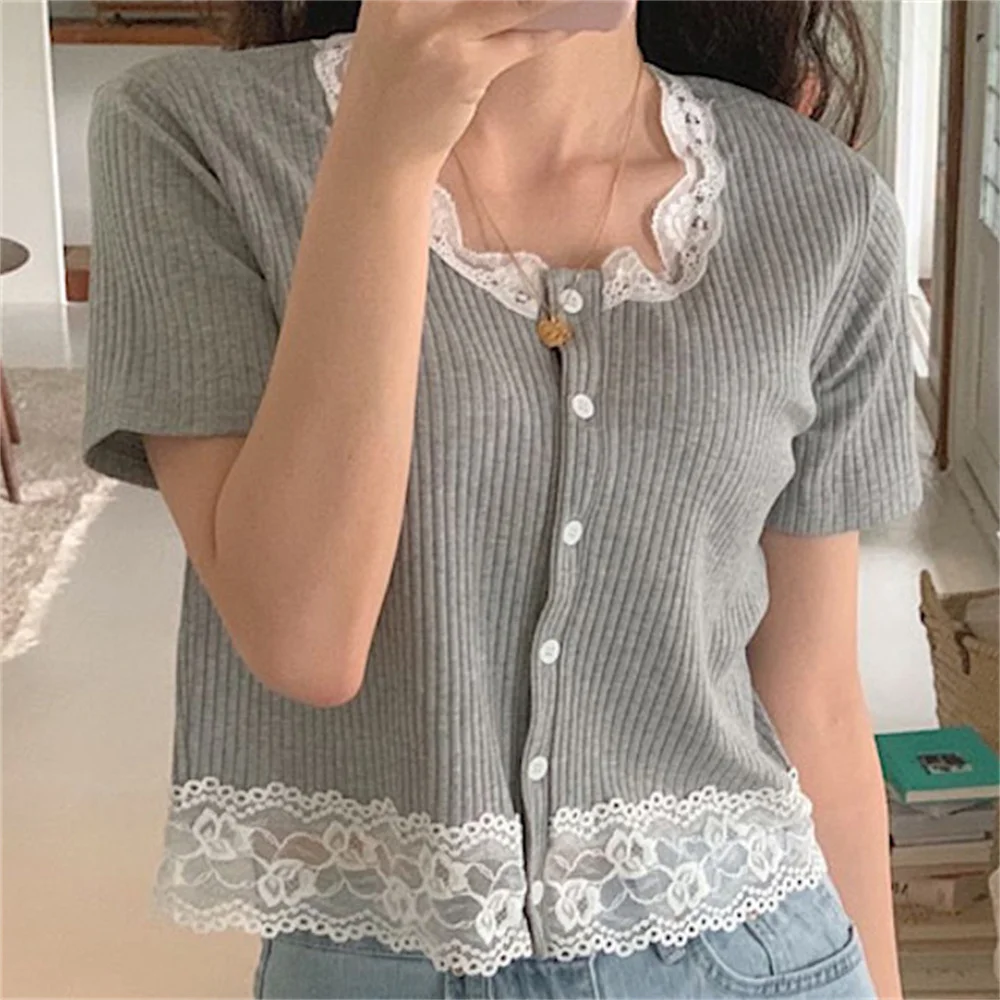 

Stowaulb Slim Sweet Lace Patchwork New Knitted All Match 2021 Summer Femme Chic Lady Brief OL Knitwear Short Sleeves T-shirts