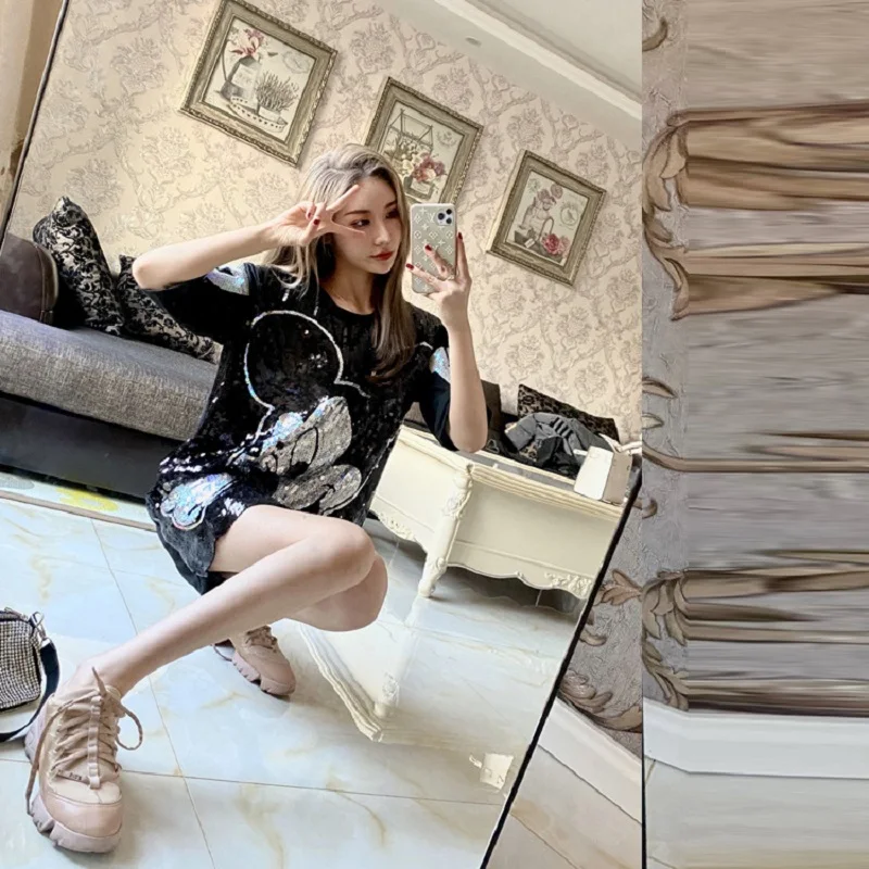 

DISNEY vintage woman tshirts sequined shirt female summer fashion new bead embroidered top short sleeve t shirt women