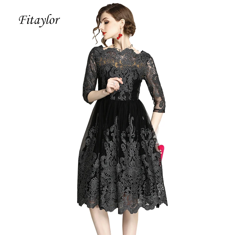 Женское платье с вышивкой Fitaylor элегантное Сетчатое длиной до колена для