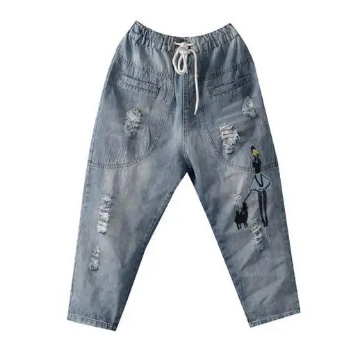 

Women's Casual Cartoon Embroidered Jeans Drawstring Hole Loose Nine-point Harem Pants
