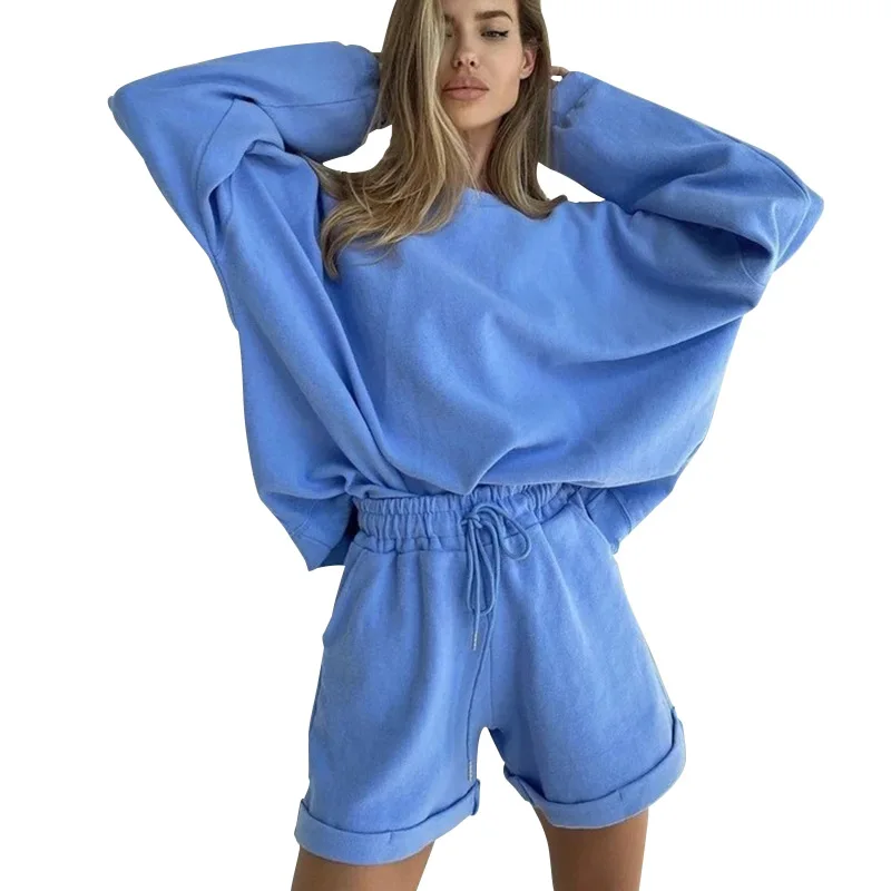 

SuperAen 2021 New Solid O Neck Casual Suit Short Sets Women's Clothing