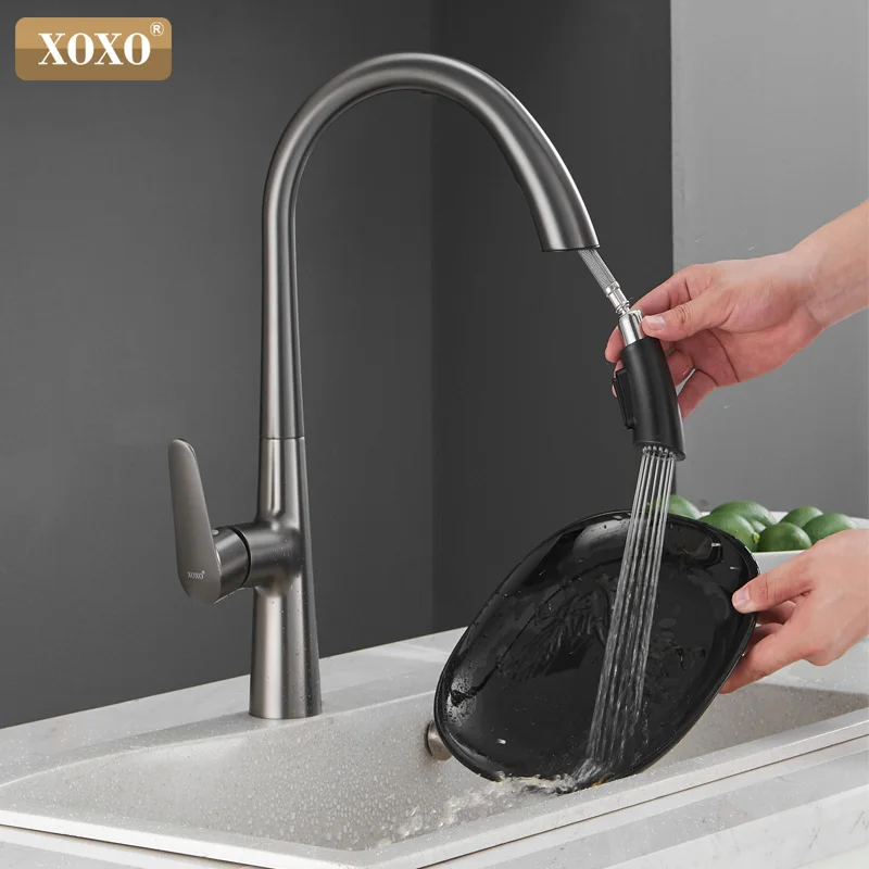 

XOXO Kitchen Faucets Black Single Handle Pull Out Kitchen Tap Single Hole Handle Swivel 360 Degree Water Mixer Tap 83042QH