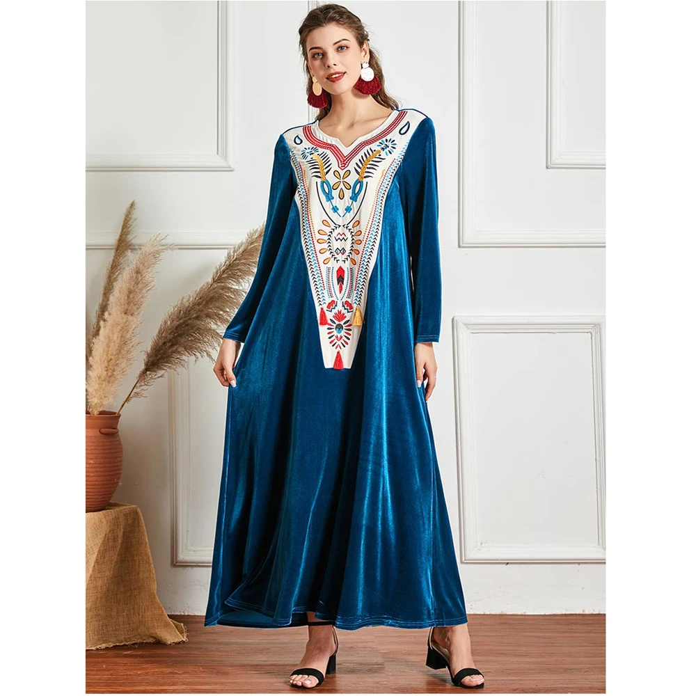 Мусульманская абайя женское бархатное длинное платье с вышивкой в стиле пэчворк осень-зима арабское платье Jilbab Dubai длинный рукав макси плат...
