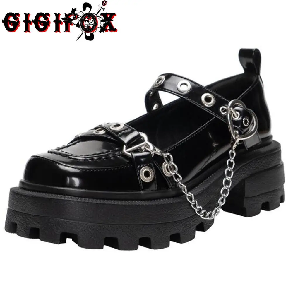 

Great Quality Brand Patent Leather Chunky Heels Platform Gothic Lolita Cosplay Cool Black Comfy Walking Shoes Women Footwear