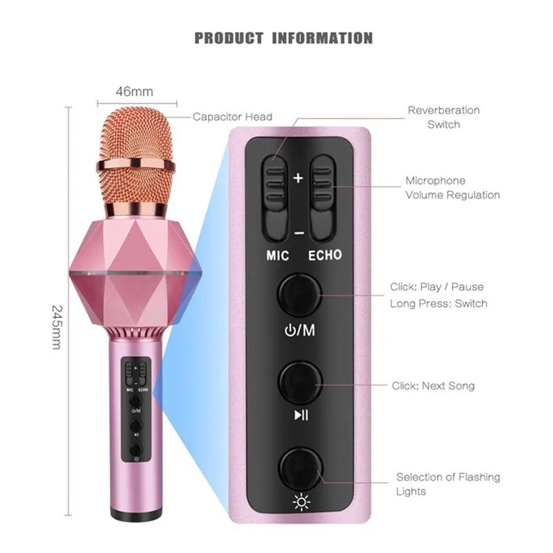 

Wireless Bluetooth Microphone Multi-function Karaoke Microphone Portable Wireless Microphone Diamond Style Fashion Microphone