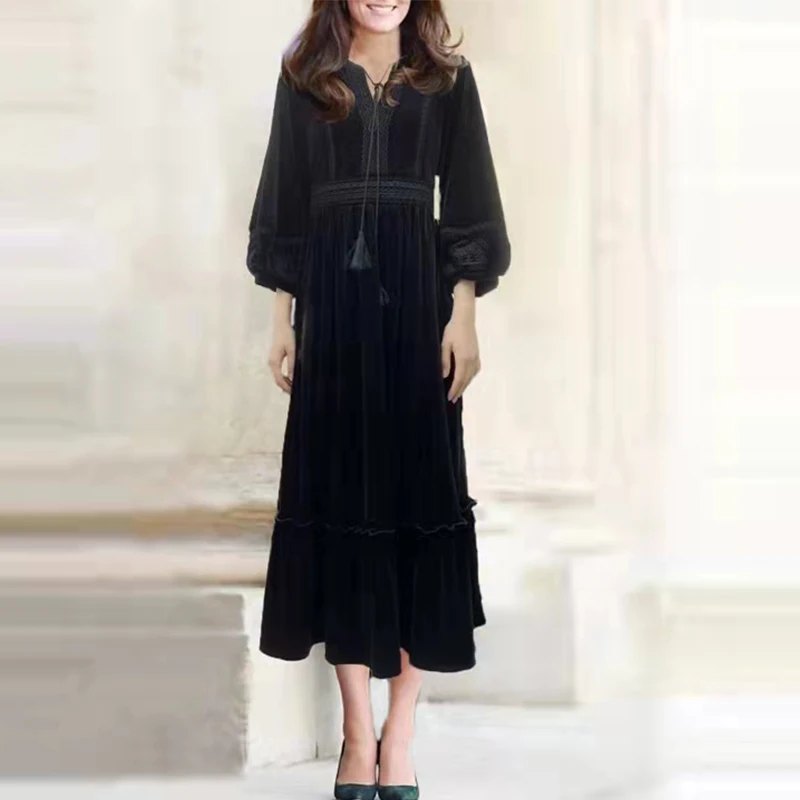

Fashion Runway2022 Spring Vintage Dress Women Black Red Embroidery Flowers Lantern Sleeve Elegant Full Party Dresses