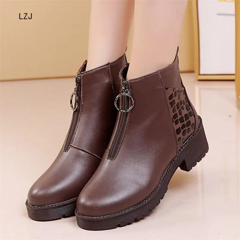 

LZJ 2019 Womens Boots Autumn Winter Fashion Chunky Heels Ladies Shoes Woman Flock Ankle Boots For Women Zipper Botas Mujer