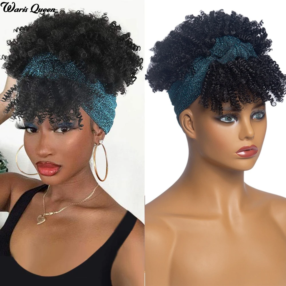 

Headband Wig With Bangs Afro Kinky Curly Wig Synthetic Heat Resistant Natural Glueless Hair Short Wavy Wigs For Black Women