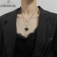 vintage punk black and white grid heart pendant necklace clavicle teen cool chain for women couple double layer necklace