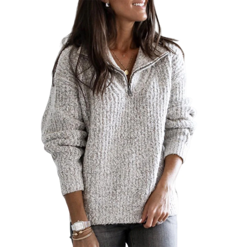 

Autumn Winter Sweaters Pullovers Women Casual Lapel Zipper Long Sleeve Knitted Sweaters Pullover Women Knitted Top Sweaters