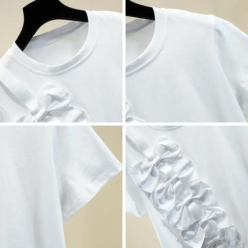 

2021 new women's bow splicing short sleeve T-shirt loose and versatile top