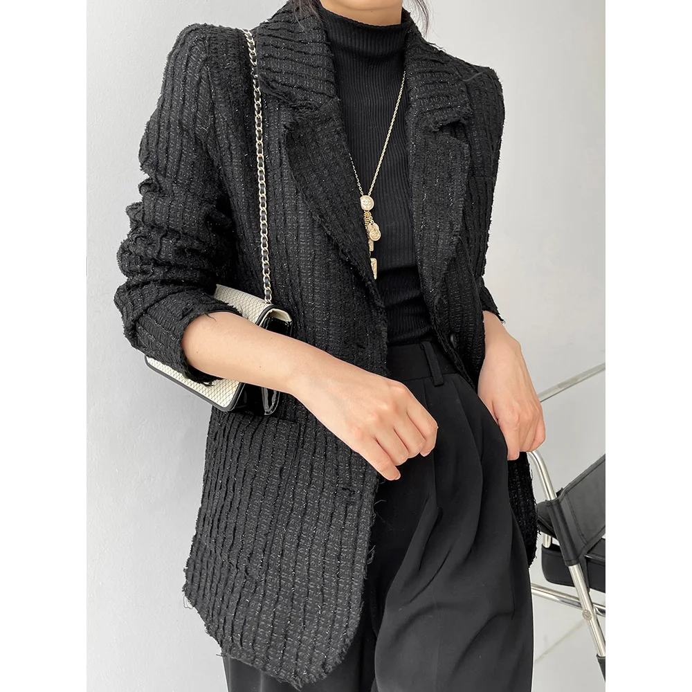 Новые твидовые куртки пальто Переплетенные на осень 2022 черная шерстяная