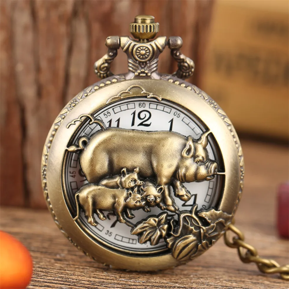 Ретро бронзовые двенадцать Zodiacs тема кварцевые карманные часы для мужчин 3D Полые