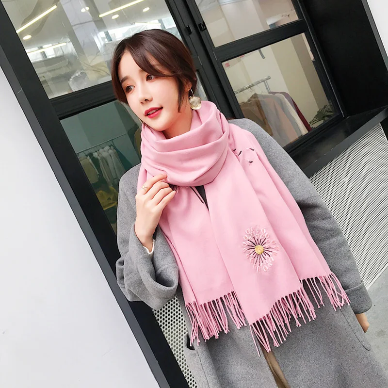 

Gray Wrap Blanket Warm Tippet Autumn Winter Female Long Shawl Dandelion Chle Embroidery Scarf Women Cashmere Scarves 2020