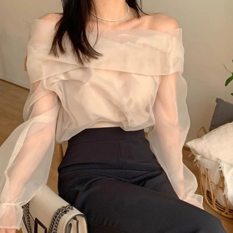 

Slash Neck Solid Tee Women Clothing Spring Autumn New Korean Sweet Style Off Shoulder Mesh Ladies Tops Long Sleeve Fashion Brand