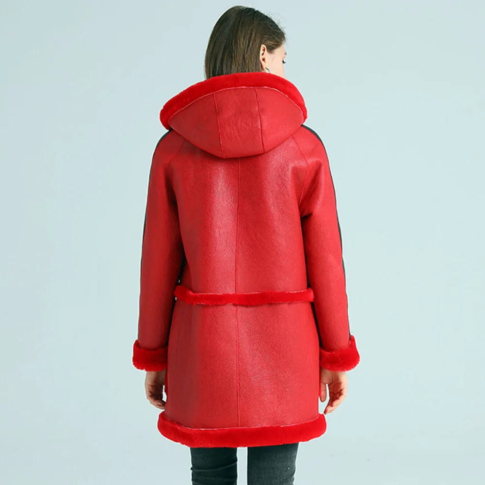 Hooded Long Real Fur Coat For Women Thicken Warm Red Sheepskin Shearling Clothing Long Genuine Leather Outerwear enlarge