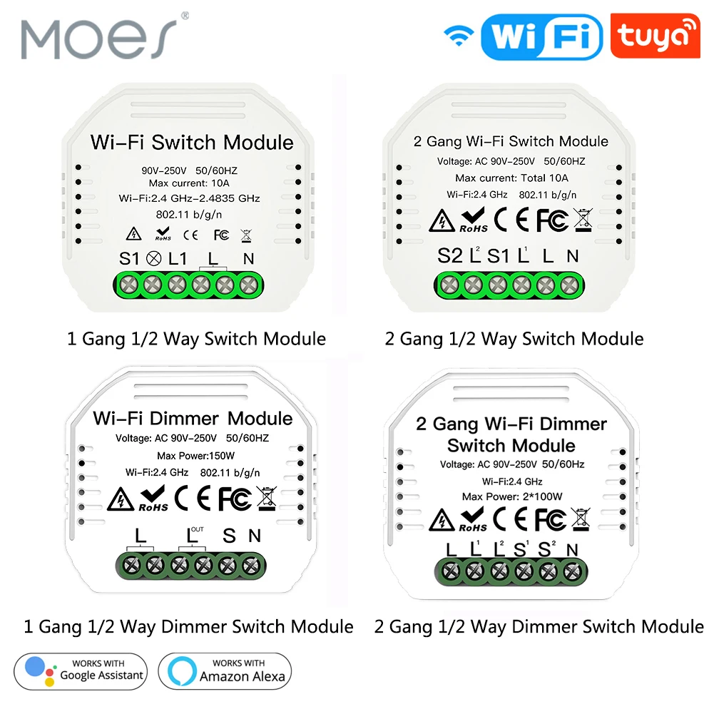 

1/2 Way 1/2 Gang Mini WiFi Smart Light Switch Relay Module Smart Life Tuya Wireless Remote Control Work with Alexa Google Home