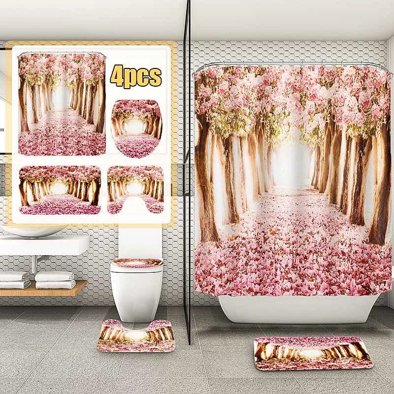

Набор романтических Противоскользящих ковриков для ванной комнаты с розовыми цветами Сакура, прочные водонепроницаемые занавески для душ...