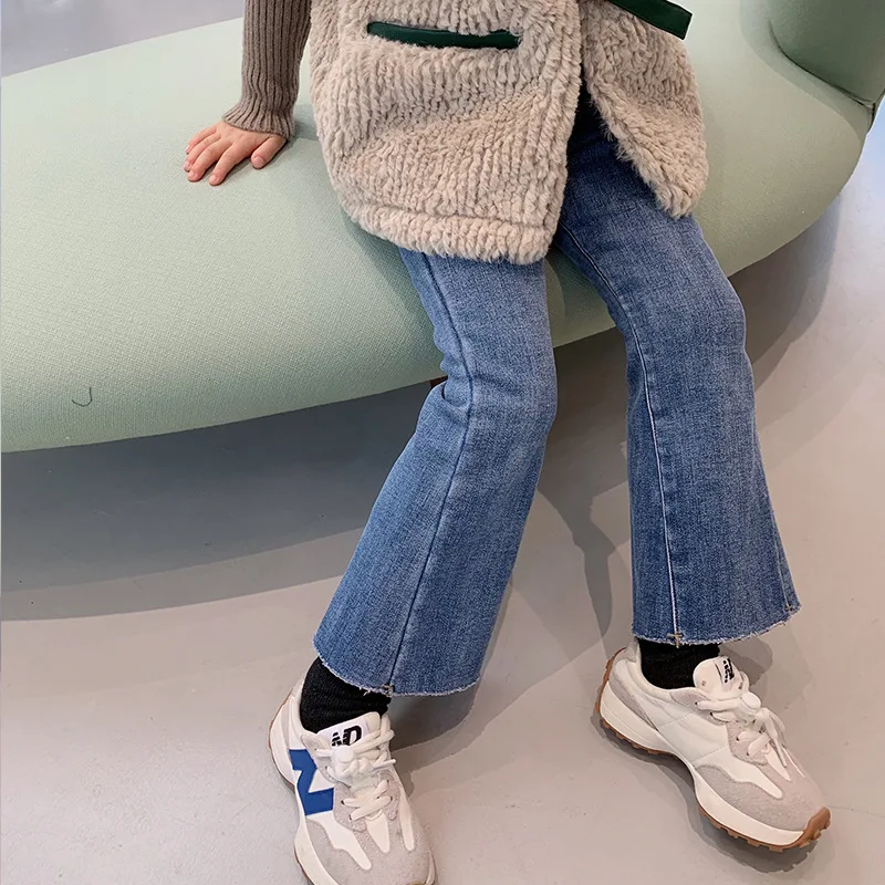 

Children's pants autumn and winter new children's Plush leopard print jeans flared pants 11-18