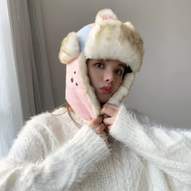 Female autumn and winter cartoon earmuffs to keep warm tide aircraft cap cat ears ski hat outdoor Lei Feng Korean version | Аксессуары
