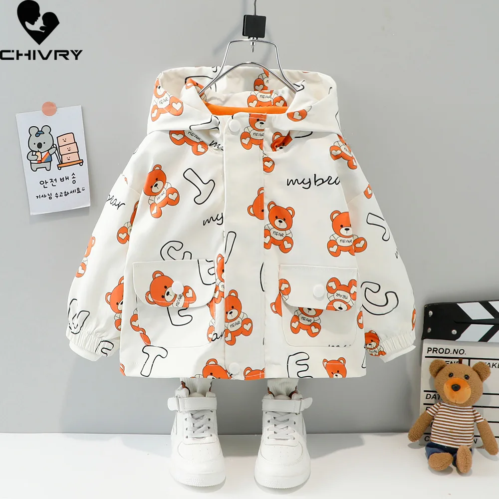 

New 2022 Autumn Baby Boys Girls Coat Kids Windbreaker Outerwear Fashion Hooded Cute Cartoon Bear Print Zipper Jackets Clothing