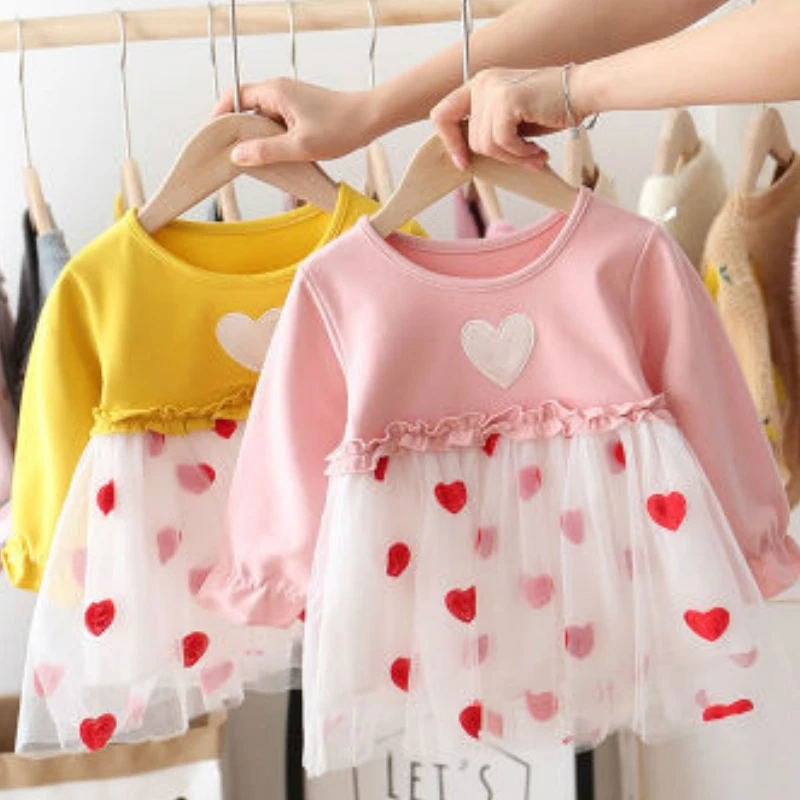Kids Girl Dress 2019 New 1-8 Years Baby Girls Heart Print Long Sleeve Sweet Cotton Comfortable Toddler Mesh Dresses | Детская одежда и