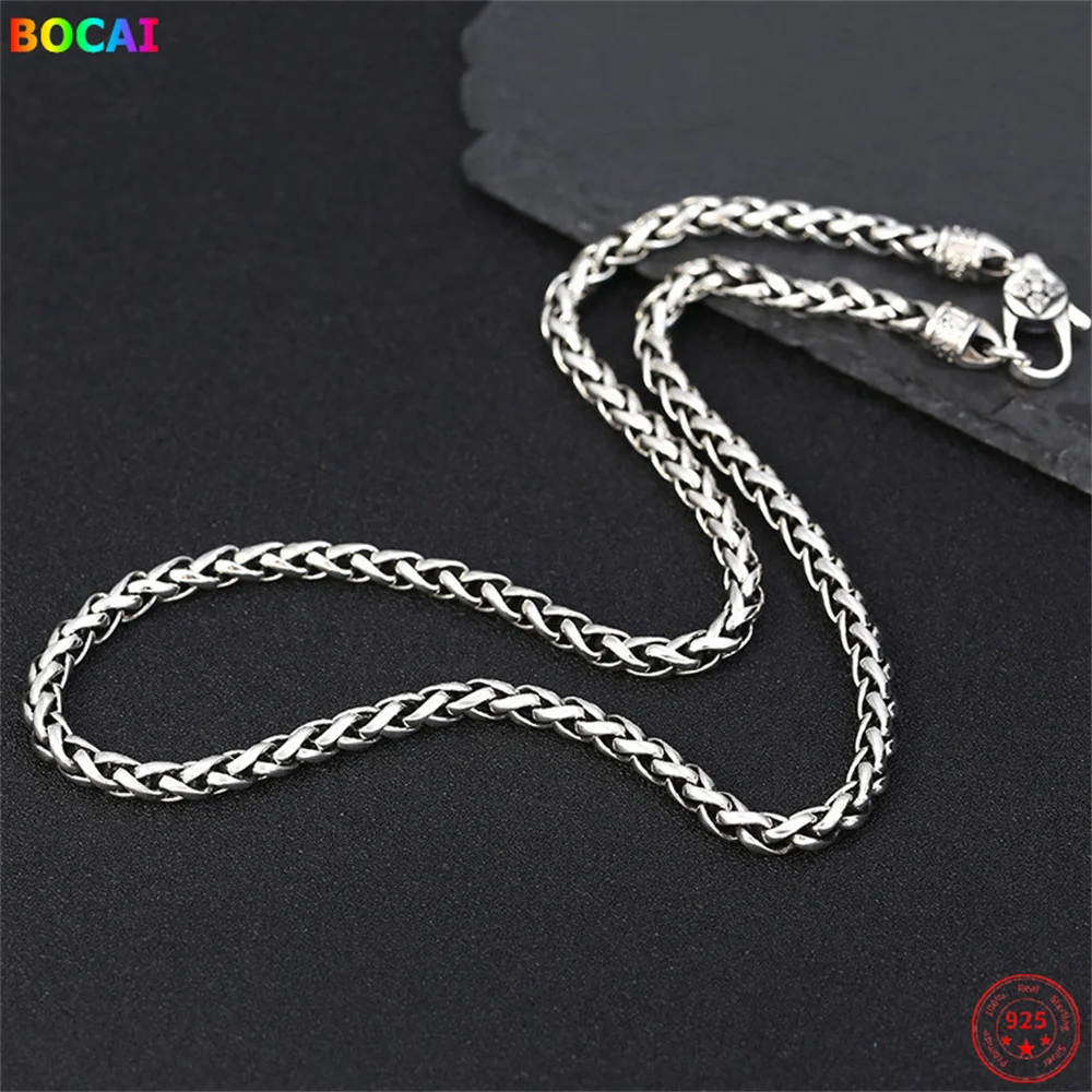 

S925 Sterling Silver Necklace Six Character Mantra Vajra Pestle 5mm Woven Rope-Chain Pure Argentum Amulet Jewelry for Men Women