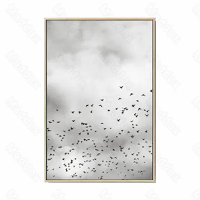 

Canvas Frameless Print Painting Simple Black Feathers a Boat On a Calm River and a Flock of Birds In The Sky Poster Painting