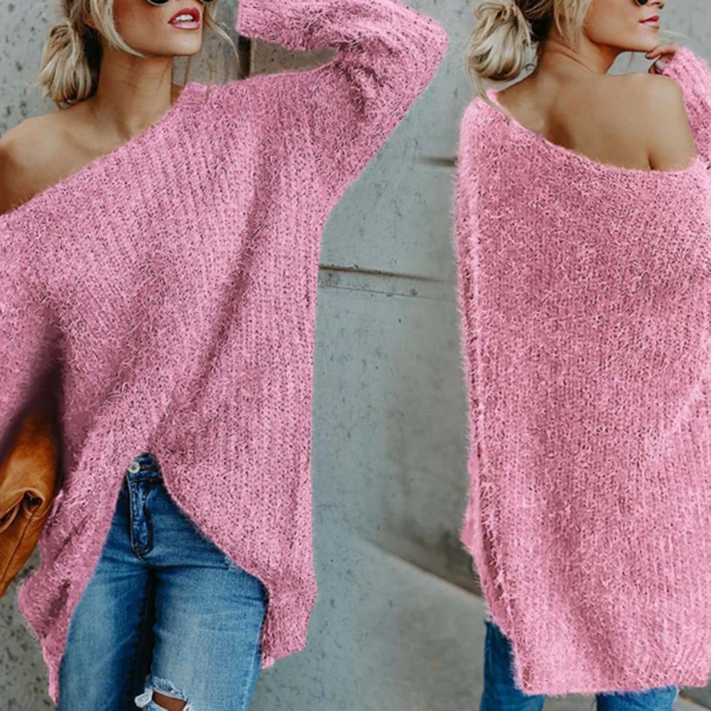 

Women's sweaters Autumn Winter Clothing 2020 Sexy Solid Sloping Shoulder Plush Pullover Loose Knitted Top Oversize Sweater Dress