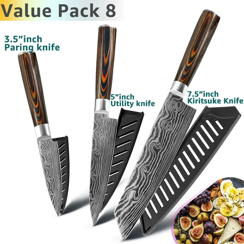 Value Pack 8 Набор кухонных ножей поварские ножи 7CR17 440C из высокоуглеродистой нержавеющей стали дамасский нож для нарезки мяса сантоку набор из 5 предметов - Цвет: Value Pack 8