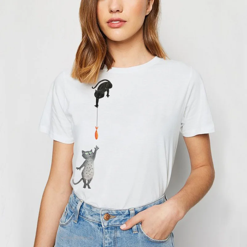 

Cat Catch Fish Print T-Shirt Summer Loose Casual Daily Short Sleeve Tops Cartoon Tee