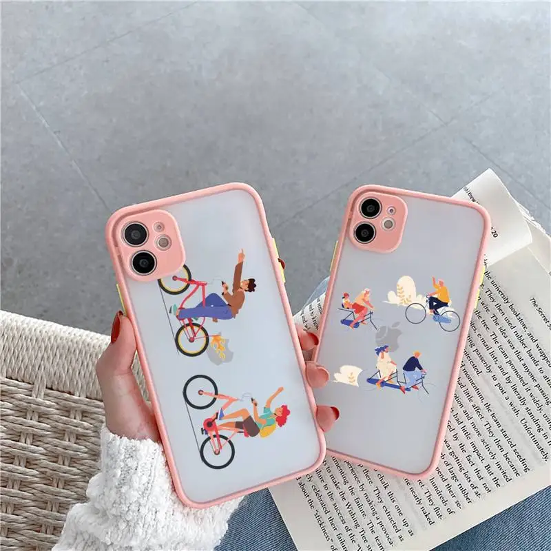 

Bicycle Bike Sport Phone Case For iPhone 12 11 Mini Pro XR XS Max 7 8 Plus X Matte transparent Pink Cover