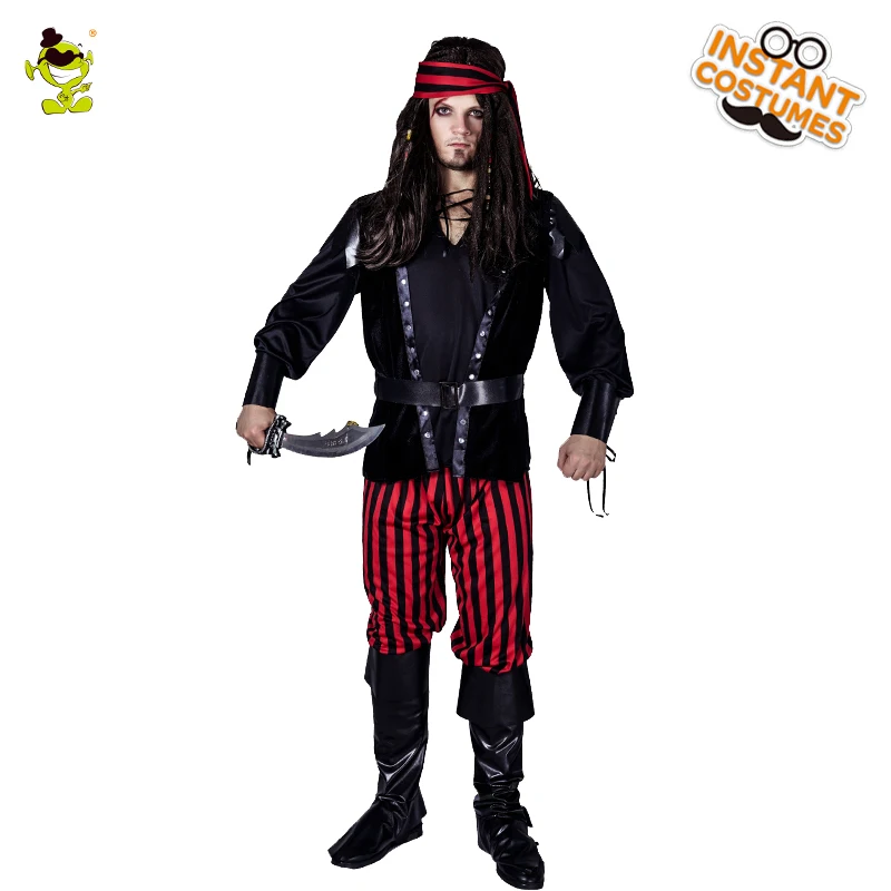 

Man Cool Pirate Cosplay Costume Adult Halloween Fancy Dress Party Set Deluxe Pirate Movie Character Stripe Show Costume