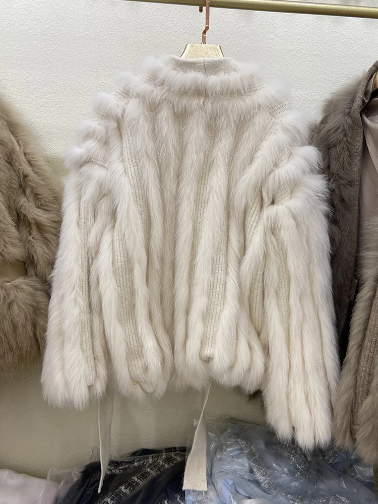 Women Real Fox Fur Knitting OverSize Loose Spring Fox Fur Strip Sewed Together Outside Decoration Lady's Fashion Sweater Coat