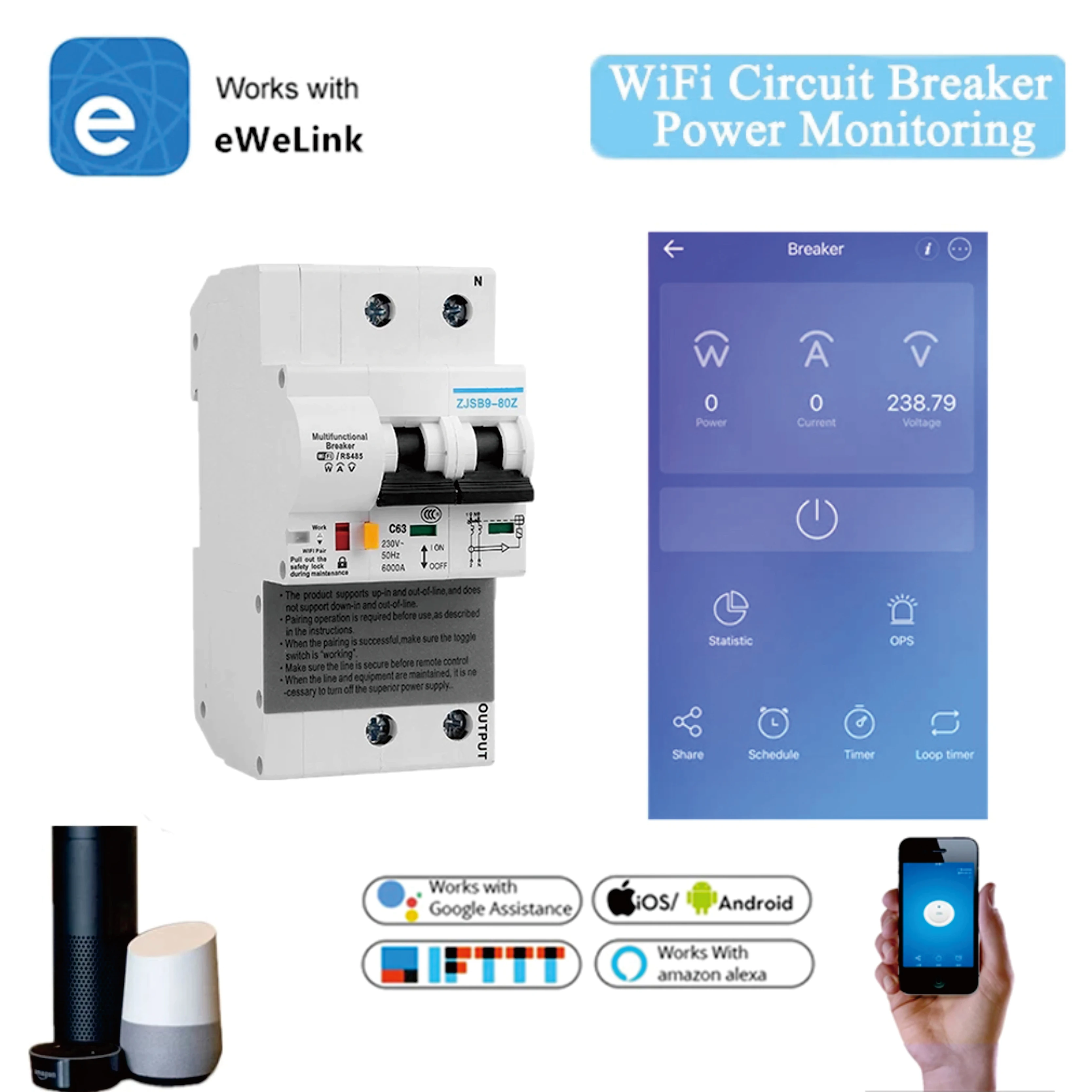 

Автоматический выключатель EWelink 2P с поддержкой Wi-Fi