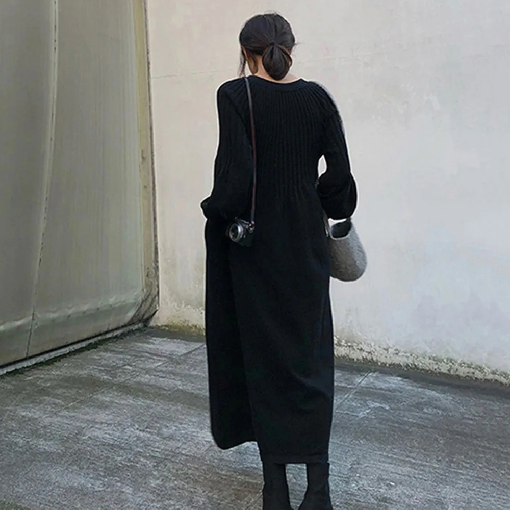 

Women Knitted Dress Spring Winter Korean Japanese Style Solid Color Simple Casual Loose Lantern Sleeve A-Line Sweater Dresses