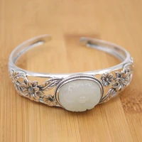 pure 925 sterling silver bangle hollow carved flower big oval nephrite hetian jade lotus open bracelet 22 23g for women gift