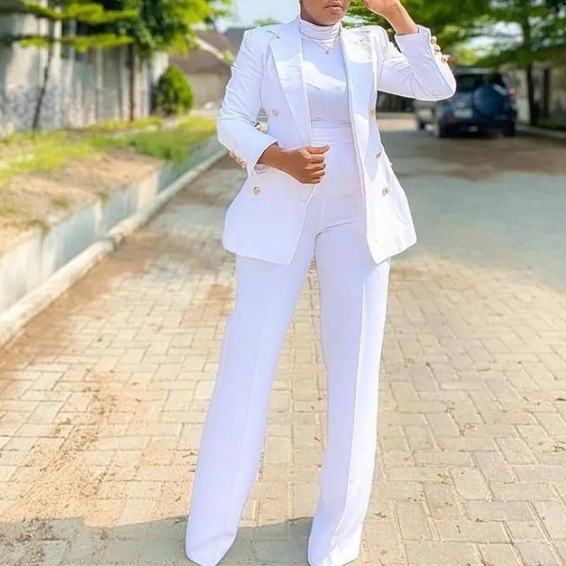 

2022 Elegant Women Blazer Sets Buttons White Wide Leg Pant Suits Fashion Casual Professional Party Office Business Outfits