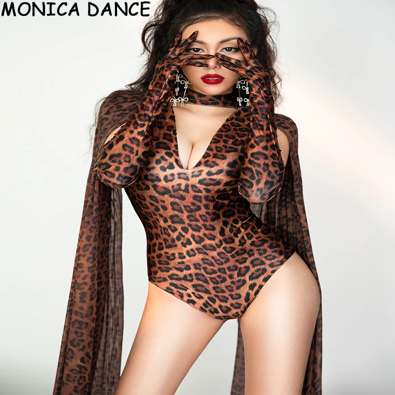 Women Sexy Stage Leopard Pattern Hollow Bodysuit Gloves Shawl Large Stretch Printed Bodysuit DS Women Dancer Bar Outfit Set