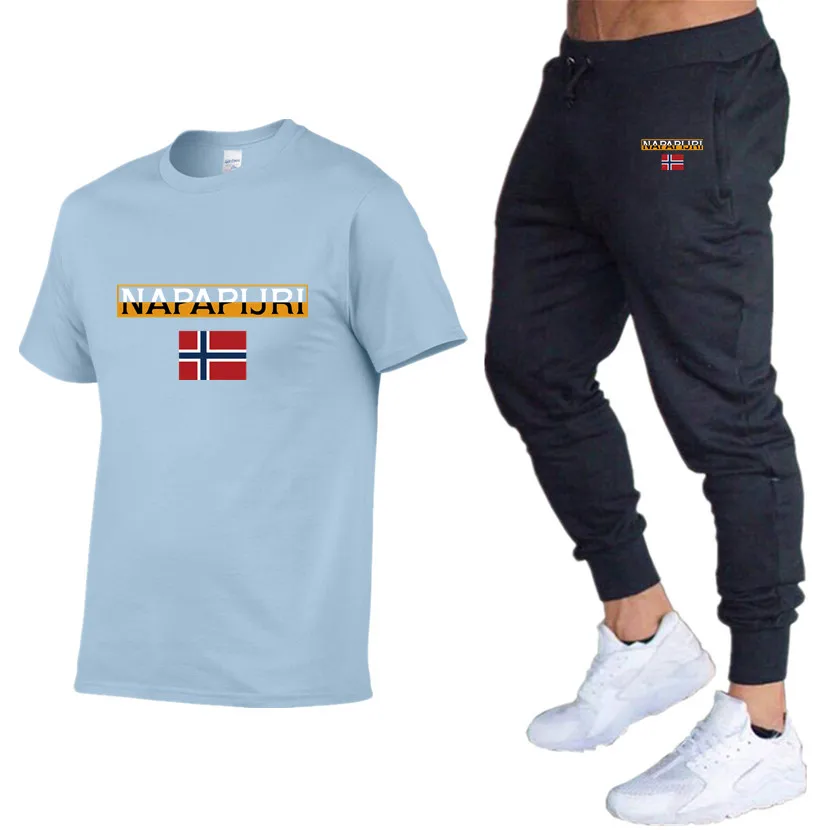 

2021 Summer Cotton Men's Funny Casual Short-Sleeved Round Hip-hop T-shirt Sports Top +Shorts 2 Piece Set
