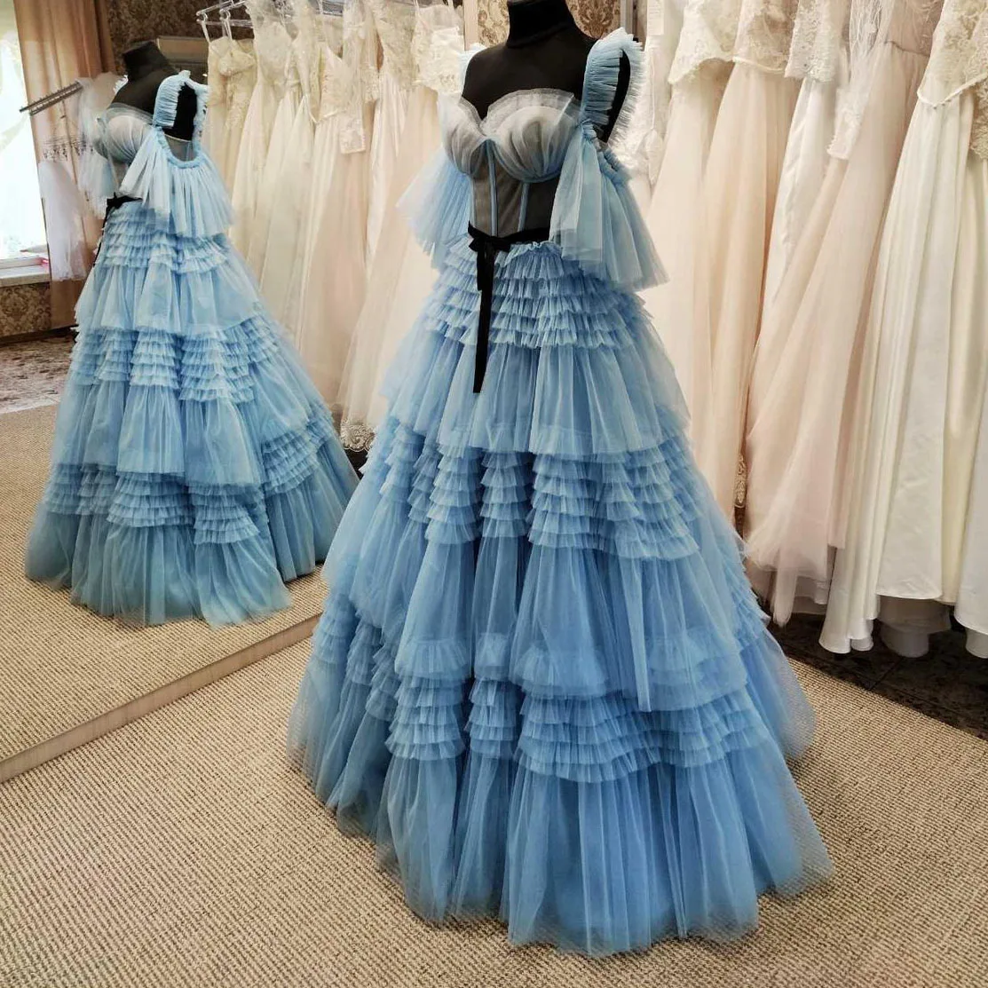 

Платье принцессы однотонное синее на шнуровке, с рукавами с оборками, многослойное Пышное Тюлевое вечернее платье до пола, платье для дома