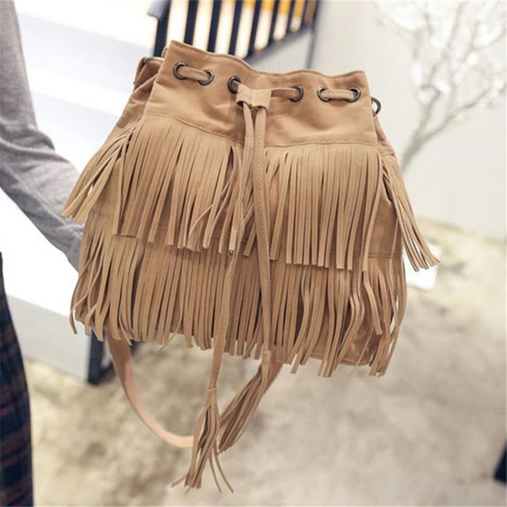 

Retro Tassel Crossbody Bag for Women Solid Color Drawstring Tassel Female Messenger Bag Simple Brown Color Shoulder Flap Bolsos